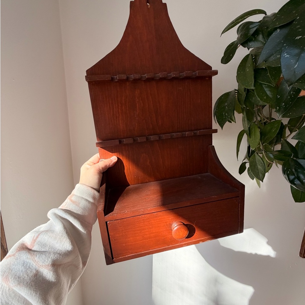 Vintage Wooden Wall Shelf with Drawer - Rich Mahogany Tone